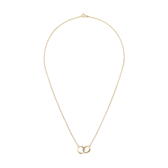 Elan Unity Necklace Goldの全体像。細身のゴールドケーブルチェーンの先端に、重なり合う2つの小さなリングモチーフを配した、ミニマルなデザインのネックレスです。