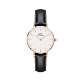 Daniel Wellington Petite Sheffieldの正面画像。ホワイト文字盤にローズゴールドのバーインデックスとケースを採用し、ブラックレザーストラップを組み合わせた女性向け腕時計です。