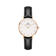 Daniel Wellington Petite Sheffieldの正面画像。ホワイト文字盤にローズゴールドのバーインデックスとケースを採用し、ブラックレザーストラップを組み合わせた女性向け腕時計です。