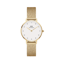 Daniel Wellington Petite Lumine Pressed Evergoldは、ホワイトダイヤルに12粒のクリスタルインデックスをあしらったゴールドケースとプレスゴールドメッシュストラップの女性向け腕時計です。