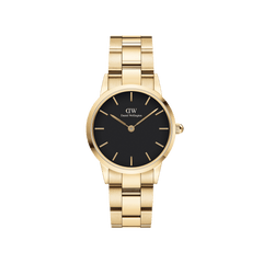 Daniel Wellington Iconic Link Black Goldの正面画像。ブラックの文字盤にゴールドのバーインデックスと針が映え、サテンとポリッシュ仕上げを交互に施した3ピースリンクブレスレットが特徴のゴールドモデルです。