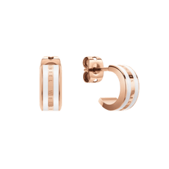 Daniel WellingtonのEmalie Earrings ローズゴールド×サテンホワイトモデルです。正面と側面から撮影されたミニフープピアスで、上下にサテンホワイトのエナメルストライプ、中央のポリッシュ加工されたバンド部分にはブランドロゴが刻印されています。