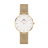 Daniel Wellington Petite Evergoldの正面画像です。ホワイト文字盤にゴールドのバーインデックスと針をあしらったミニマルなデザインで、ゴールドメッシュストラップが上品な光沢を放っています。