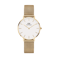 Daniel Wellington Petite Evergoldの正面画像です。ホワイト文字盤にゴールドのバーインデックスと針をあしらったミニマルなデザインで、ゴールドメッシュストラップが上品な光沢を放っています。