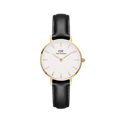 Daniel Wellington Petite Sheffieldのフロントビュー。ゴールドケースにホワイト文字盤、ゴールドのバーインデックスをあしらい、ブラックレザーストラップを組み合わせた女性向け腕時計です。