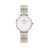 Daniel Wellington Petite Lumine 5-Link Two-Toneの正面画像。シルバーとゴールドが交互に配された5リンクブレスレットと、オフホワイトの文字盤にクリスタルインデックスとゴールド針をあしらった28mmのレディース腕時計です。