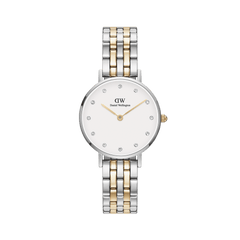Daniel Wellington Petite Lumine 5-Link Two-Toneの正面画像。シルバーとゴールドが交互に配された5リンクブレスレットと、オフホワイトの文字盤にクリスタルインデックスとゴールド針をあしらった28mmのレディース腕時計です。