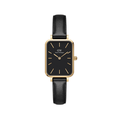 Daniel Wellington Quadro Pressed Sheffieldの正面画像。ゴールドのレクタンギュラーケースにブラックダイヤルとゴールドのバーインデックスを配し、ブラックレザーストラップを合わせたスクエアフェイスの腕時計です。