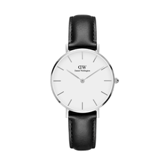Daniel Wellington Petite Sheffieldの正面画像。シルバーケースにオフホワイトの文字盤とシルバーのバーインデックスを配し、ブラックレザーストラップを組み合わせたミニマルなデザインのレディース腕時計です。