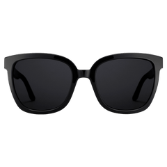 Daniel WellingtonのGrande Bio-Acetate Blackサングラスの正面画像です。オーバーサイズのスクエアシルエットに、ブラックのバイオアセテートフレームとブラックレンズを組み合わせたスタイリッシュなデザインです。
