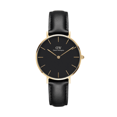 Daniel Wellington Petite Sheffieldの正面画像。ブラックの文字盤にゴールドのバーインデックスと針が映えるミニマルデザインで、ゴールドケースにブラックレザーストラップを合わせた上品な腕時計です。
