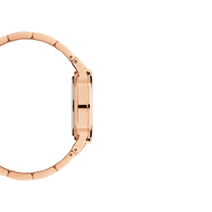 Iconic Link Pink Rose Goldのサイドビューです。薄型のローズゴールドケースの厚みやリューズの位置、そしてリンクブレスレットが滑らかなカーブを描きながら手首にフィットする様子が分かる一枚です。