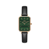 Daniel Wellington Quadro Pressed Sheffield Green Rose Goldの正面画像。マラカイトを思わせる美しい縞模様のグリーン文字盤に、ローズゴールドのスクエアケースとブラックレザーストラップを組み合わせた女性向け腕時計です。