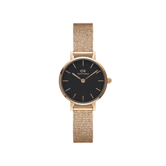 Daniel Wellington Petite Pressed Melrose 24mmの正面画像です。ブラックダイヤルにローズゴールドのバーインデックスが映え、プレス加工のローズゴールドメッシュストラップが上品な質感を引き立てる女性向け腕時計です。