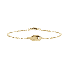 白背景に撮影されたElan Unity Braceletの全体像です。ゴールドのケーブルチェーンの中央には、ロゴが刻印されたインターロッキングリングが交差するミニマルなモチーフが配置されています。