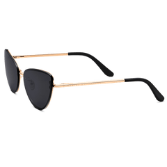 Lynx Steel Blackサングラスのサイドビュー。ローズゴールドのテンプル部分にはDaniel Wellingtonのブランドロゴが刻印され、ブラックの酢酸セルロース製テンプルチップが確認できるアングルです。