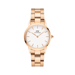 Daniel Wellington Iconic Link Rose Goldの正面画像。オフホワイトの文字盤にローズゴールドのバーインデックスと針を配し、サテンとポリッシュ仕上げを組み合わせた3ピースリンクブレスレットが一体感のあるデザインを演出しています。