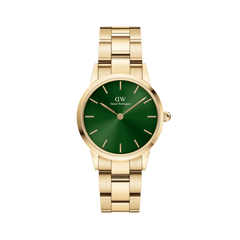 Daniel Wellington Iconic Link Emerald Goldの正面画像です。エメラルドグリーンのサンレイダイヤルに、ゴールドのバーインデックスと針が映え、サテンとポリッシュ仕上げを組み合わせた3ピースリンクブレスレットが一体感のあるデザインを演出しています。