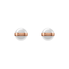 Daniel WellingtonのAspiration Earrings サテンホワイトセラミック スタッドピアス。球体の中央にブランドロゴが刻印されたローズゴールドのバンドがあしらわれた、ミニマルなデザインのピアスです。