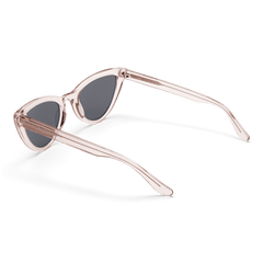 Lynx Bio-Acetate Clear Pinkを背面から斜めに捉えた画像です。クリアピンクのバイオアセテート素材の質感や、テンプルの厚み、キャットアイフレームの立体的なシルエットがよくわかります。