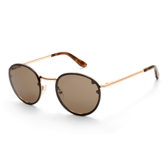 Arch Steel Brown Rose Goldを斜めから撮影した製品画像です。細身のローズゴールドフレームとブラウンレンズのラウンドシルエット、そしてテンプル先端のべっ甲柄アセテートが特徴です。