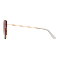 Grande Steel Pink Gradient Rose Goldのサイドビューです。ローズゴールドのテンプルにはDaniel Wellingtonのロゴが同系色で刻印されており、先端のクリーム色アセテート製テンプルチップと透明なシリコン製ノーズパッドが確認できます。