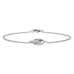 Elan Unity Braceletシルバーを正面から撮影した画像です。中央にはロゴ刻印の入ったインターロッキングリングが配置され、両側から伸びる細身のケーブルチェーンが輪を描いています。