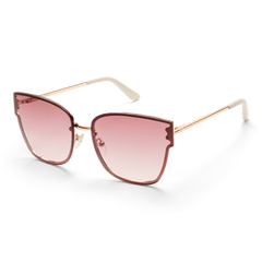 Grande Steel Pink Gradient Rose Goldを斜め前から見た画像です。ローズゴールドの細身なテンプルにはブランドロゴが刻印され、クリーム色のアセテート製テンプルチップが柔らかなアクセントを加えています。