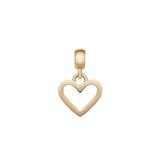 Daniel WellingtonのHeart Contour Charm Gは、ポリッシュ仕上げのゴールドカラーで、中央がくり抜かれたオープンハートデザインのチャームです。白背景で撮影した商品写真。