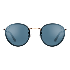 Daniel Wellington Arch Steel Blue Rose Goldのサングラス正面画像。ラウンド型のブルーレンズとローズゴールドの細身メタルフレームが特徴のミニマルデザインです。